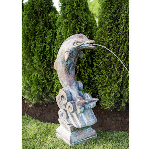 Spouting Dolphin Spitter on Waves Piped Stone Garden Sculptures